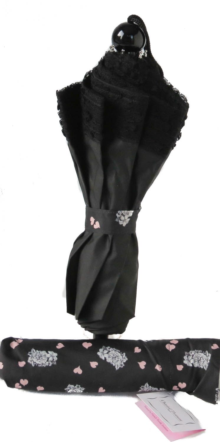 EXCLUSIVITE : Parapluie pliant Chantal Thomass de luxe noir doublé à motif fleurs et coeurs, élégant et résistant