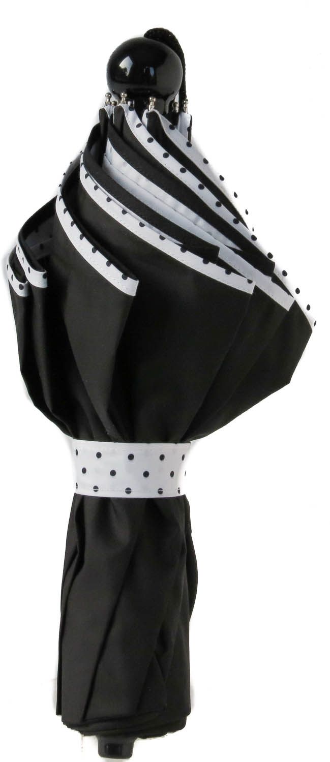 Parapluie pliant automatique noir doublé blanc pois noirs bord étoile Guy de Jean, robuste et français