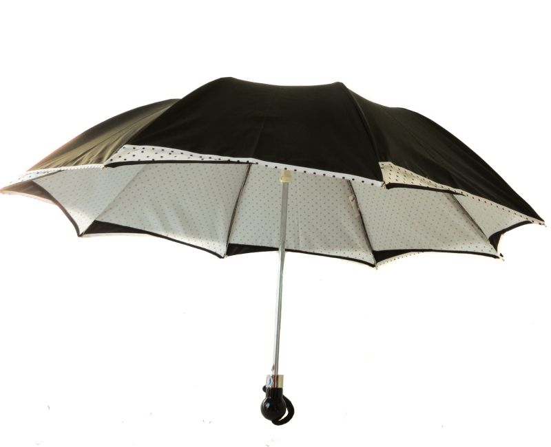 Parapluie pliant automatique noir doublé blanc pois noirs bord étoile Guy de Jean, robuste et français