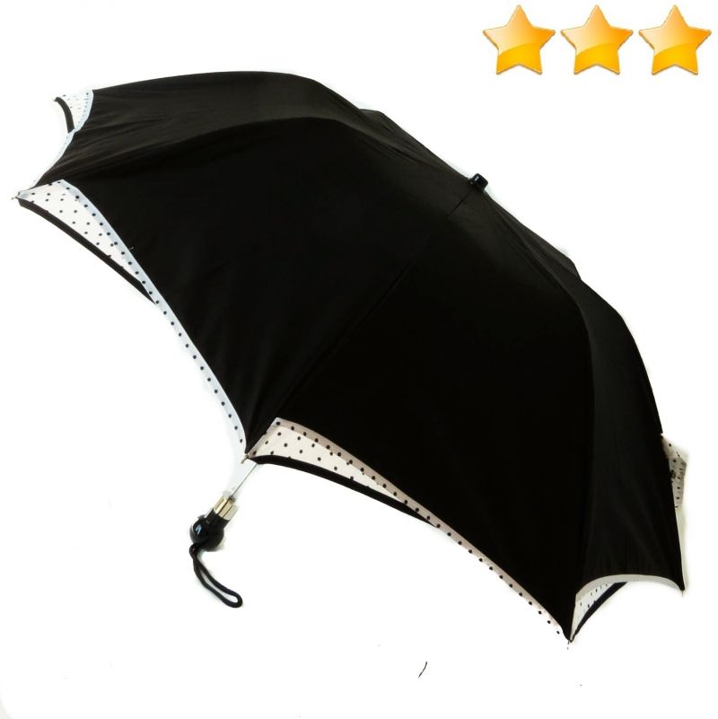 Parapluie pliant automatique noir doublé blanc pois noirs bord étoile Guy de Jean, robuste et français