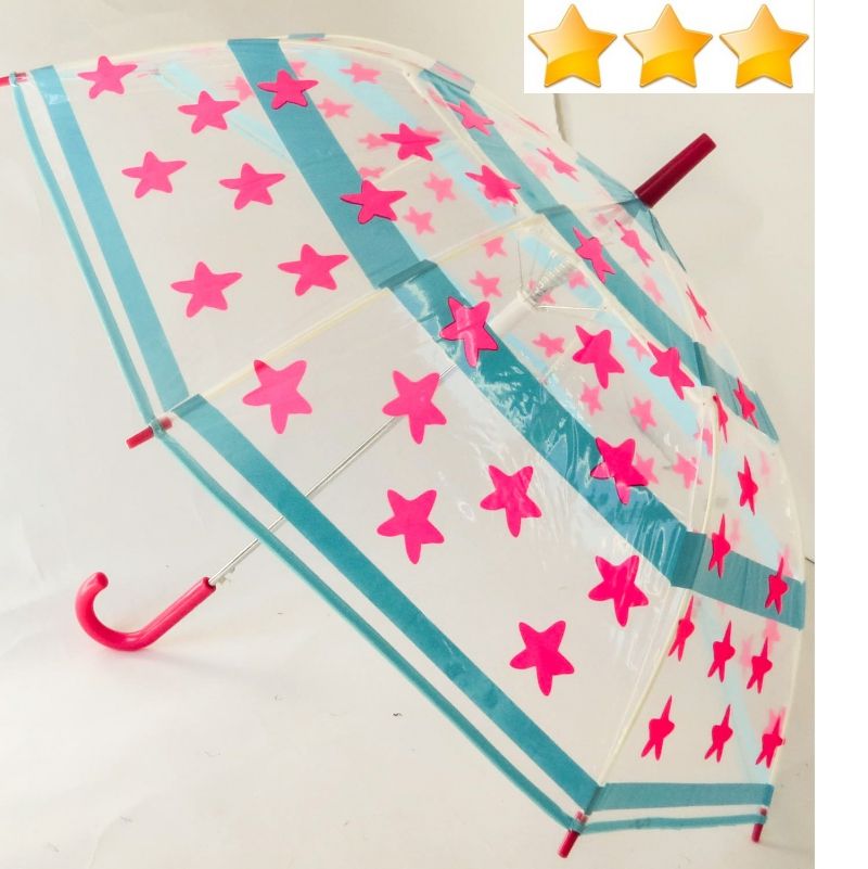 Parapluie enfant transparent (5 à 8 ans) turquoise avec des étoiles fuchsia Ezpeleta, léger et résistant