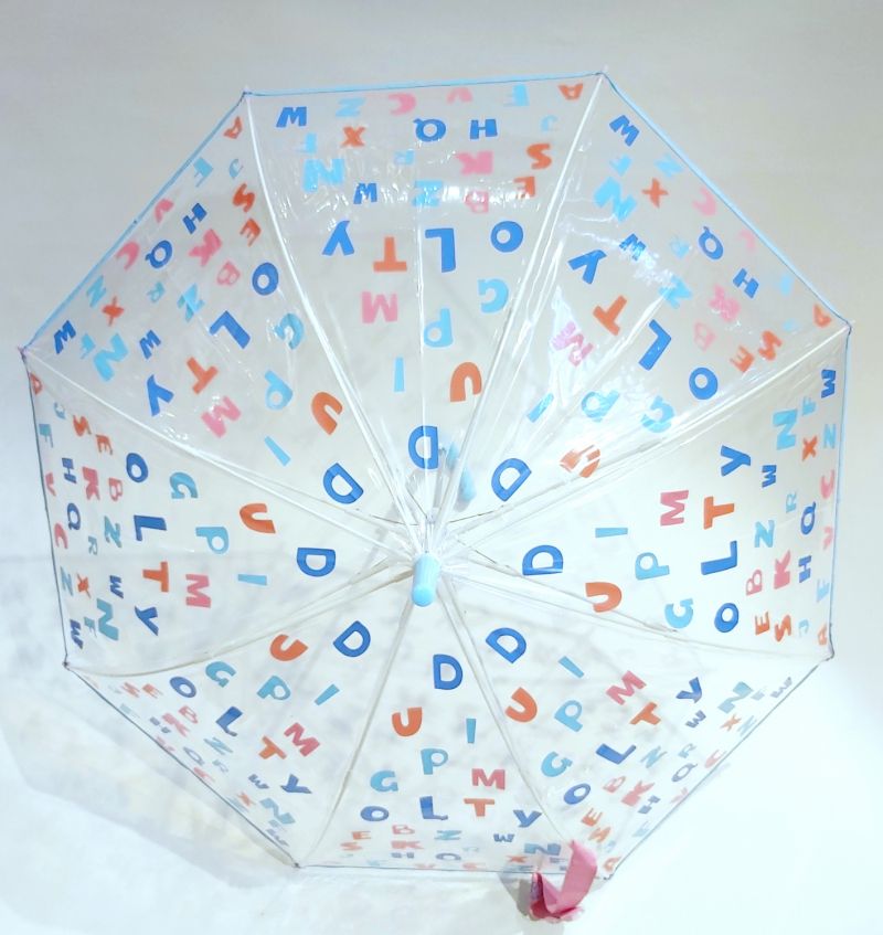 Parapluie enfant long transparent automatique de 5/9 ans bleu imprimé sur l'Alphabet, léger & solide