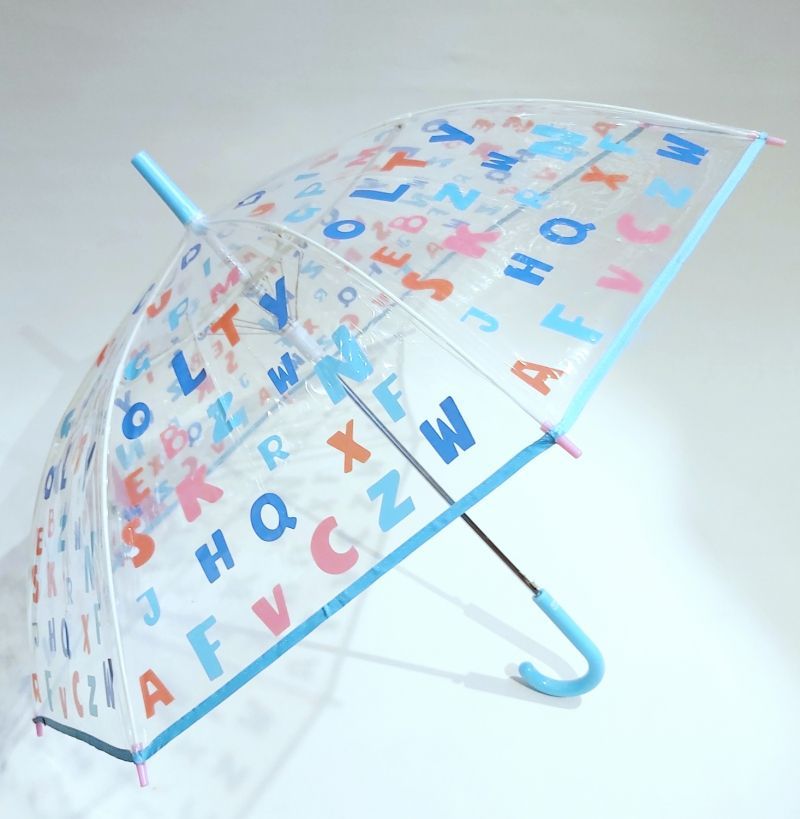 Parapluie enfant long transparent automatique de 5/9 ans bleu imprimé sur l'Alphabet, léger & solide