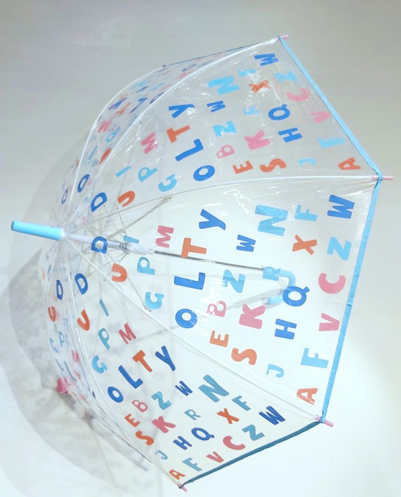 Parapluie enfant long transparent automatique de 5/9 ans bleu imprimé sur l'Alphabet, léger & solide