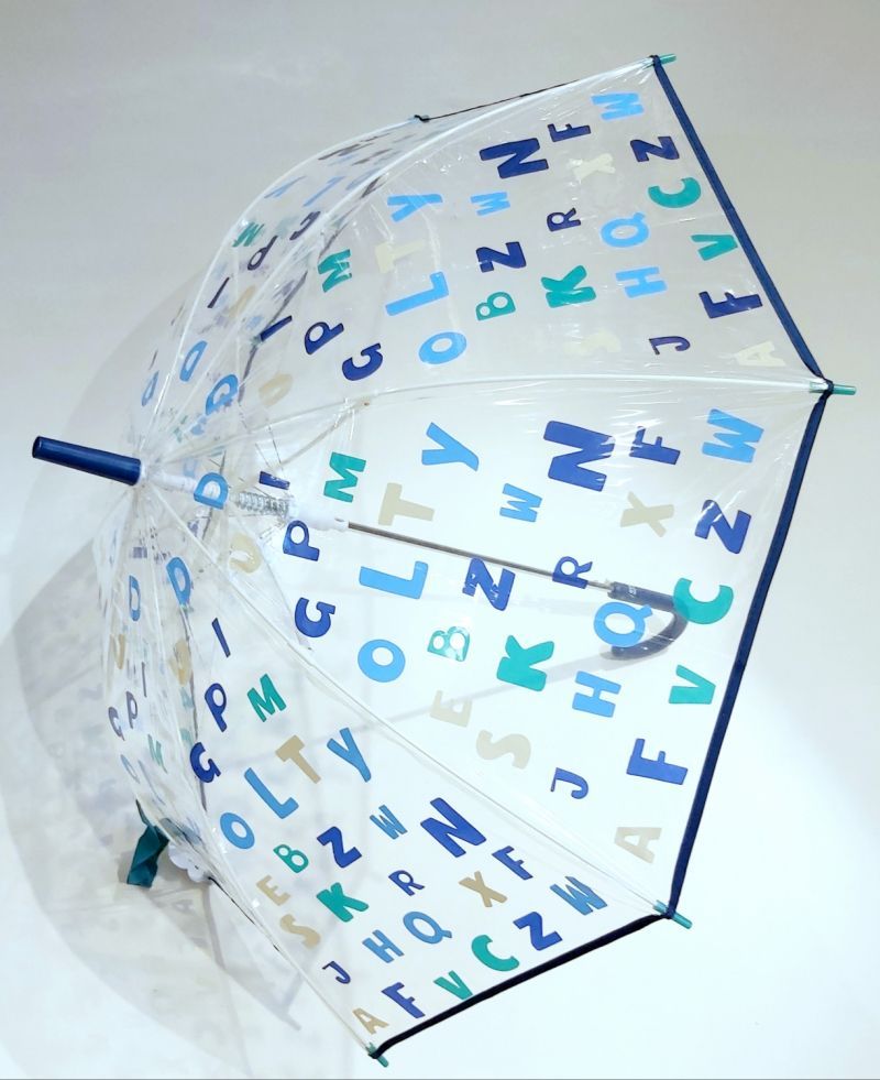 Parapluie enfant transparent de 5/9 ans automatique bleu marine fantaisie lettres de l'Alphabet, léger & solide