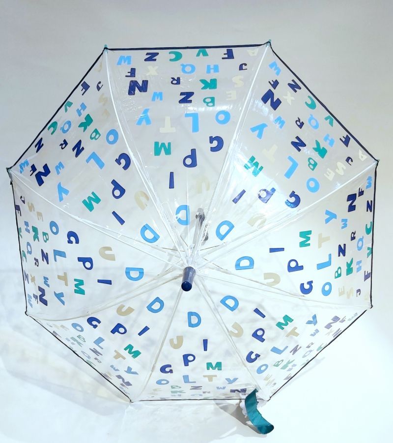 Parapluie enfant transparent de 5/9 ans automatique bleu marine fantaisie lettres de l'Alphabet, léger & solide