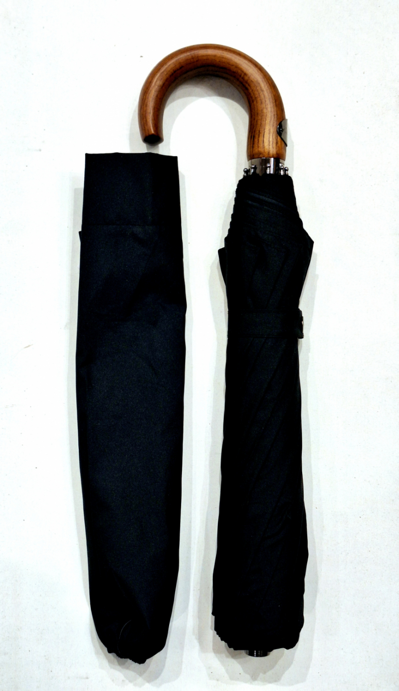 Parapluie pliant noir automatique 10 baleines poignée bois  P.Vaux - solide & français