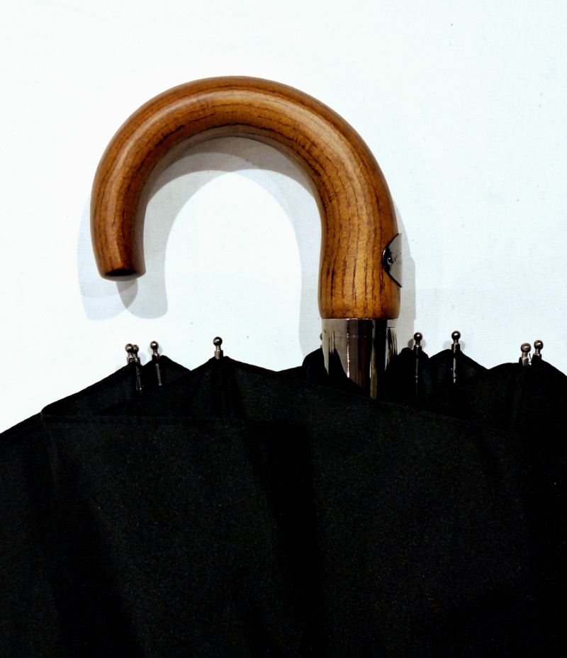 Parapluie pliant noir automatique 10 baleines poignée bois  P.Vaux - solide & français