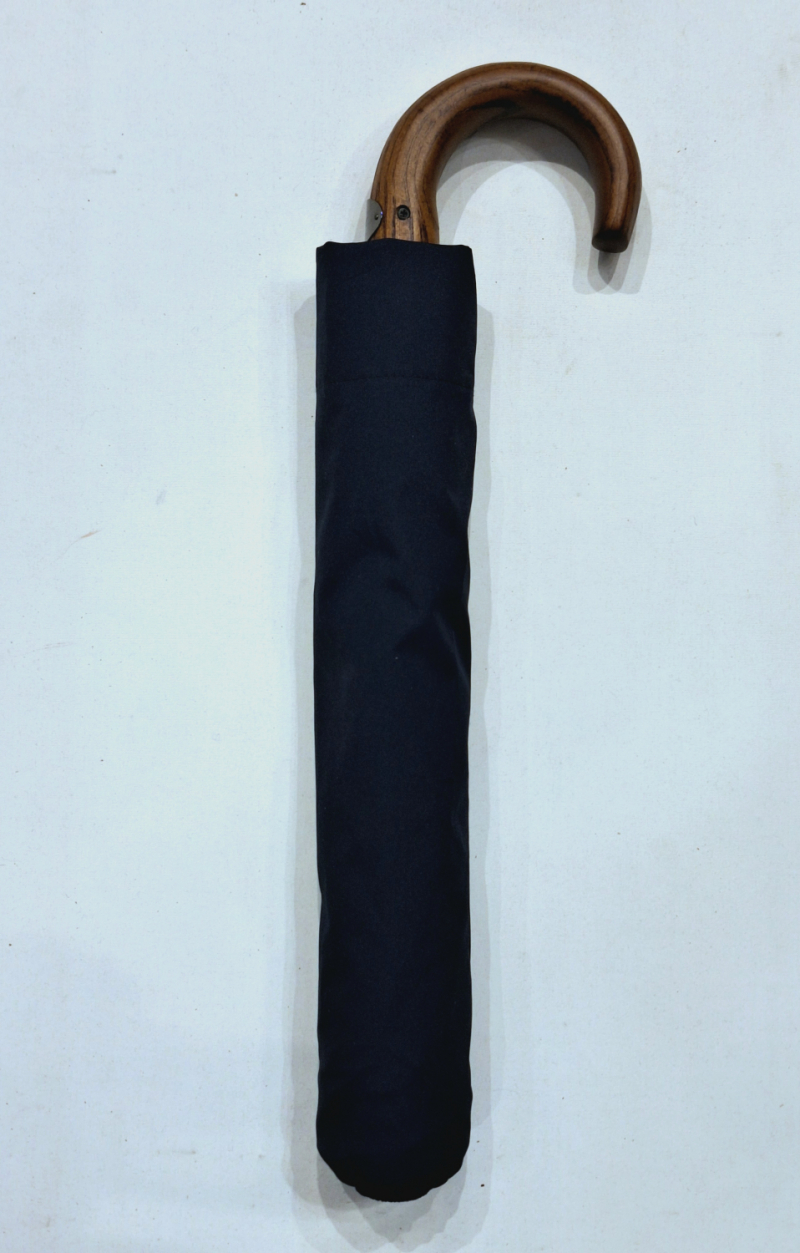 Parapluie pliant auto bleu marine 10 baleines poignée bois érable P.Vaux, grand et résistant