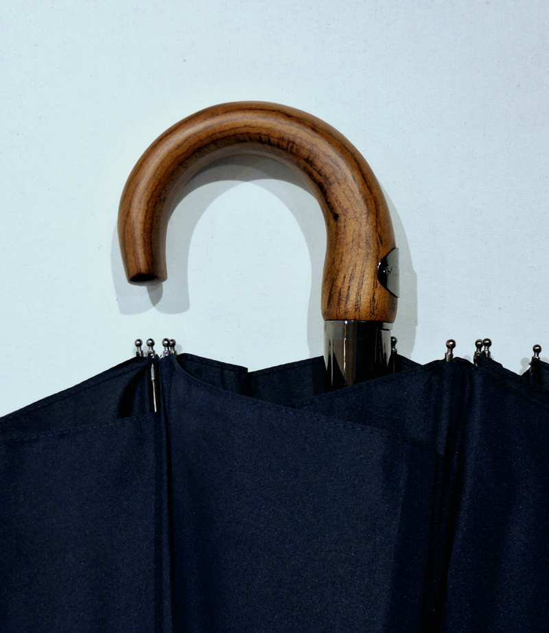 Parapluie pliant auto bleu marine 10 baleines poignée bois érable P.Vaux, grand et résistant