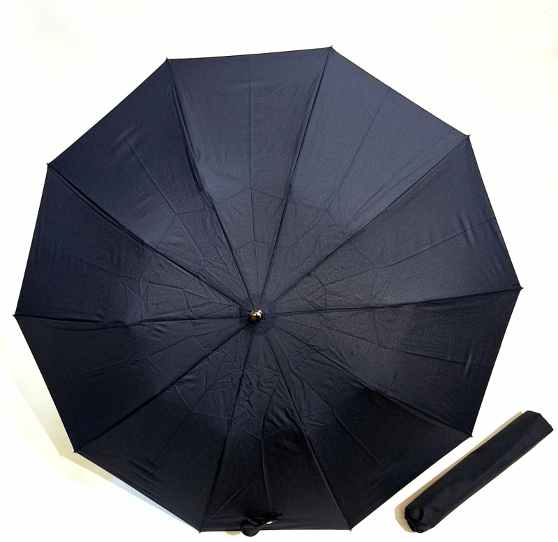 Parapluie pliant auto bleu marine 10 baleines poignée bois érable P.Vaux, grand et résistant