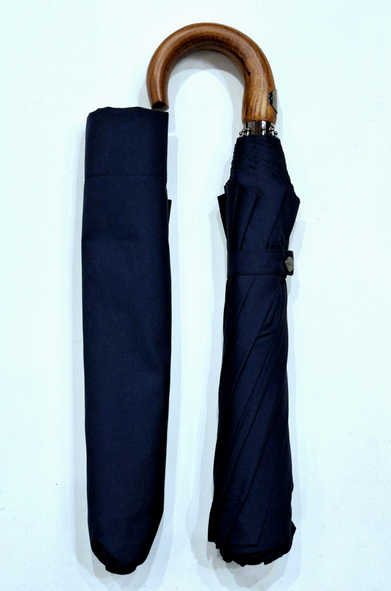 Parapluie pliant auto bleu marine 10 baleines poignée bois érable P.Vaux, grand et résistant