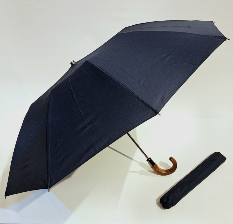 Parapluie pliant auto bleu marine 10 baleines poignée bois érable P.Vaux, grand et résistant