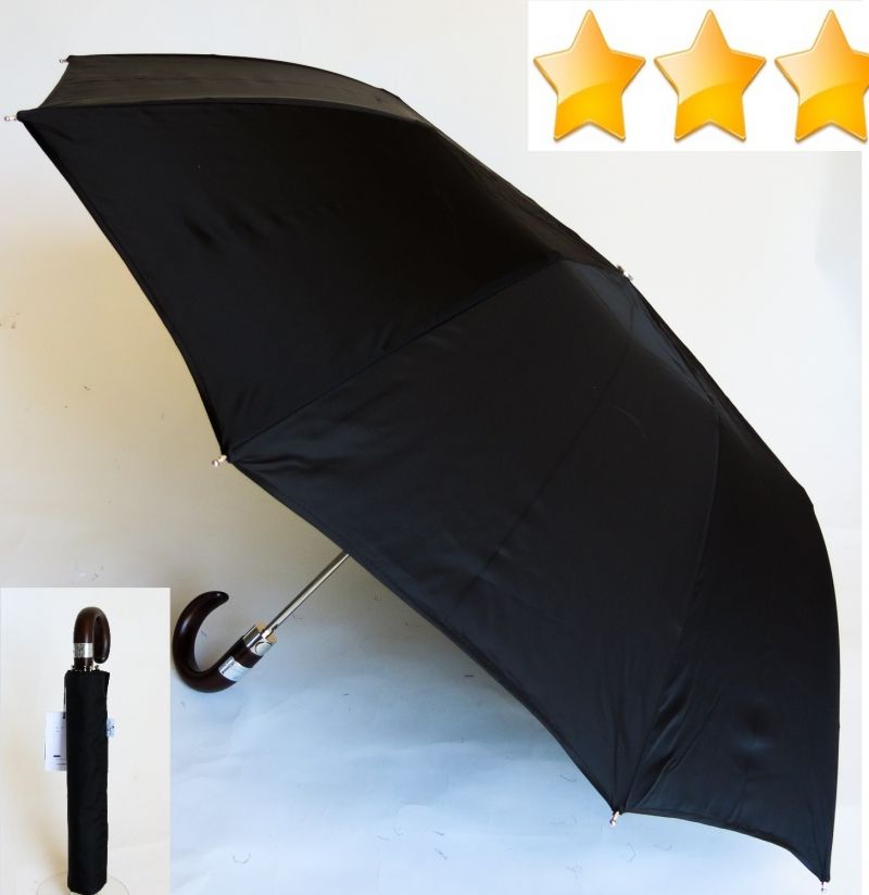 Parapluie homme de luxe pliant noir automatique à 10 baleines poignée en bois foncé Piganiol, élégant et résistant