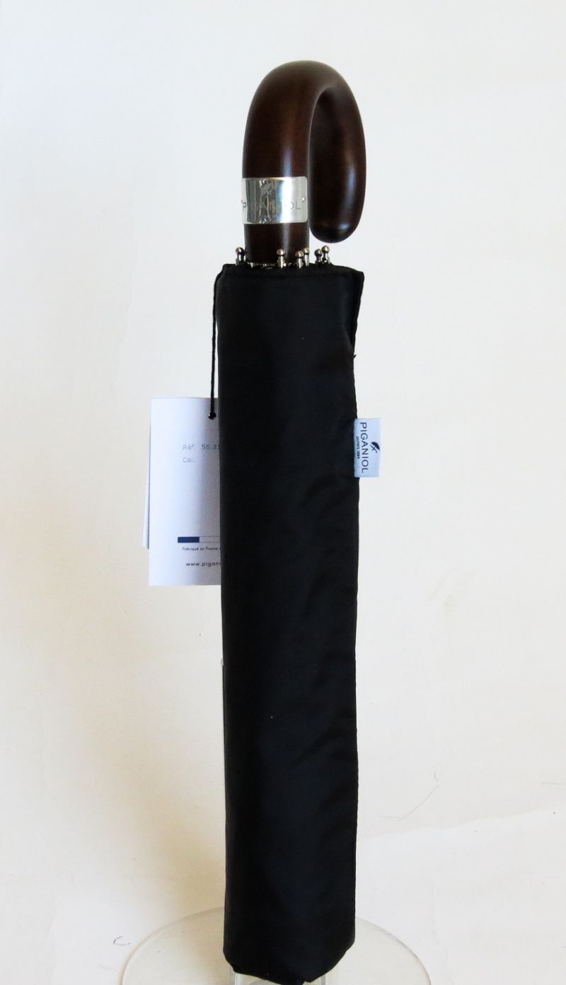 Parapluie homme de luxe pliant noir automatique à 10 baleines poignée en bois foncé Piganiol, élégant et résistant