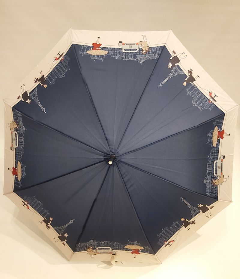 Grand parapluie long automatique bleu marine motif sur la vie parisienne Neyrat Autun, léger et solide