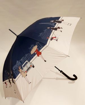 Grand parapluie long automatique bleu marine motif sur la vie parisienne Neyrat Autun, léger et solide