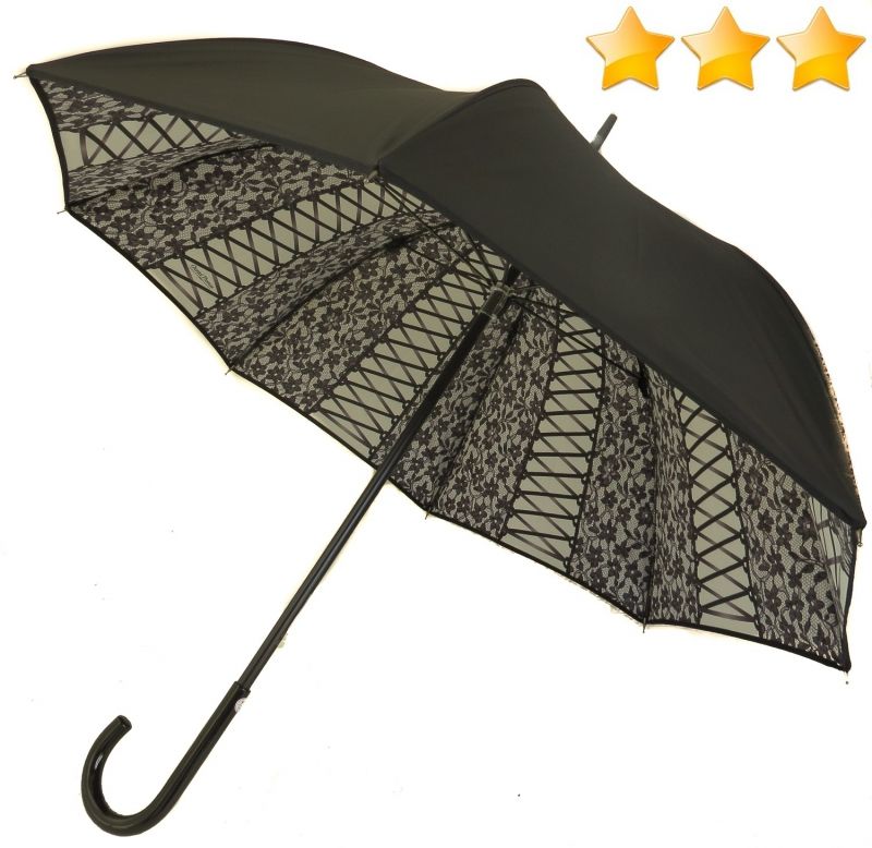 Parapluie de luxe Chantal Thomass doublé anti uv à 100% noir avec dentelles et lacets sur fond blanc, grand et résistant