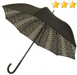 Parapluie de luxe Chantal Thomass doublé anti uv à 100% noir avec dentelles et lacets sur fond blanc, grand et résistant