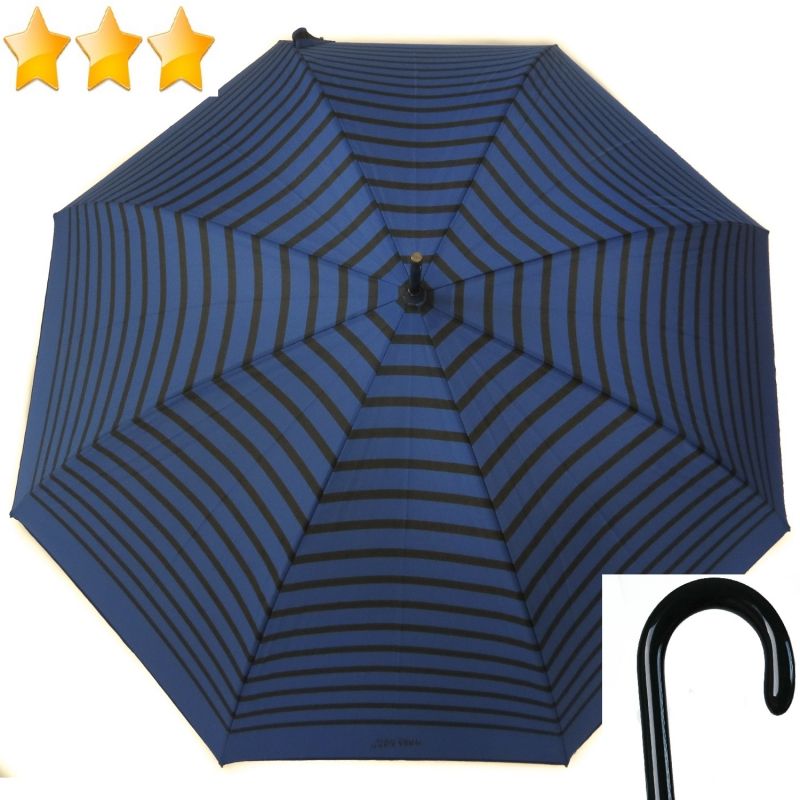 Parapluie Jean Paul Gaultier long automatique bleu et noir à rayures la marinière, léger et solide