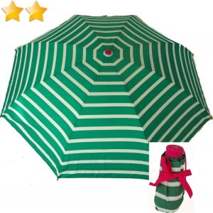 Micro parapluie de poche vert rayures blanches, fourreau noeud Ezpeletta, léger et grand ouvert