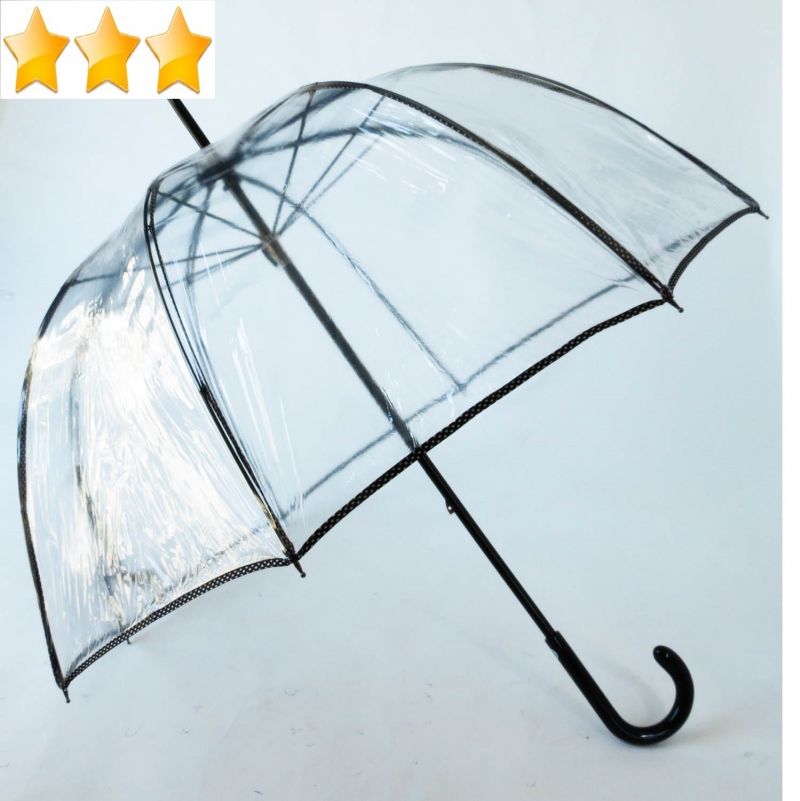 Parapluie cloche transparent bordé noir à pois blancs français, élégant et résistant