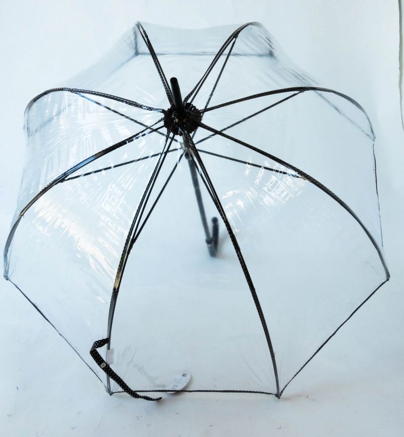 Parapluie cloche transparent bordé noir à pois blancs français, élégant et résistant