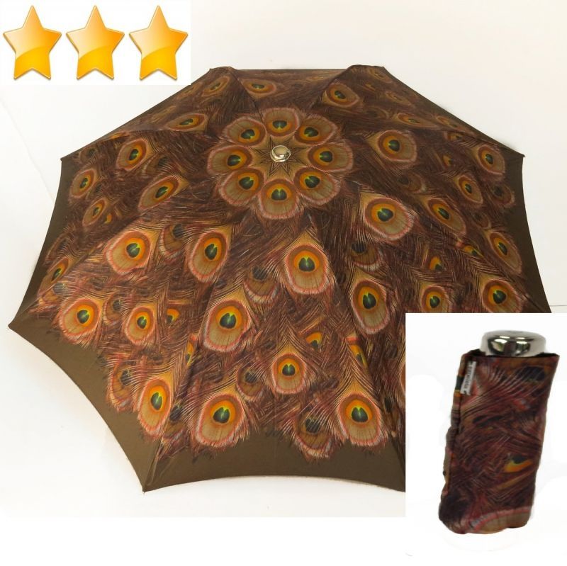 EXCLUSIVITE : Parapluie mini inversé automatique motif à plumes de paon marron, robuste et original