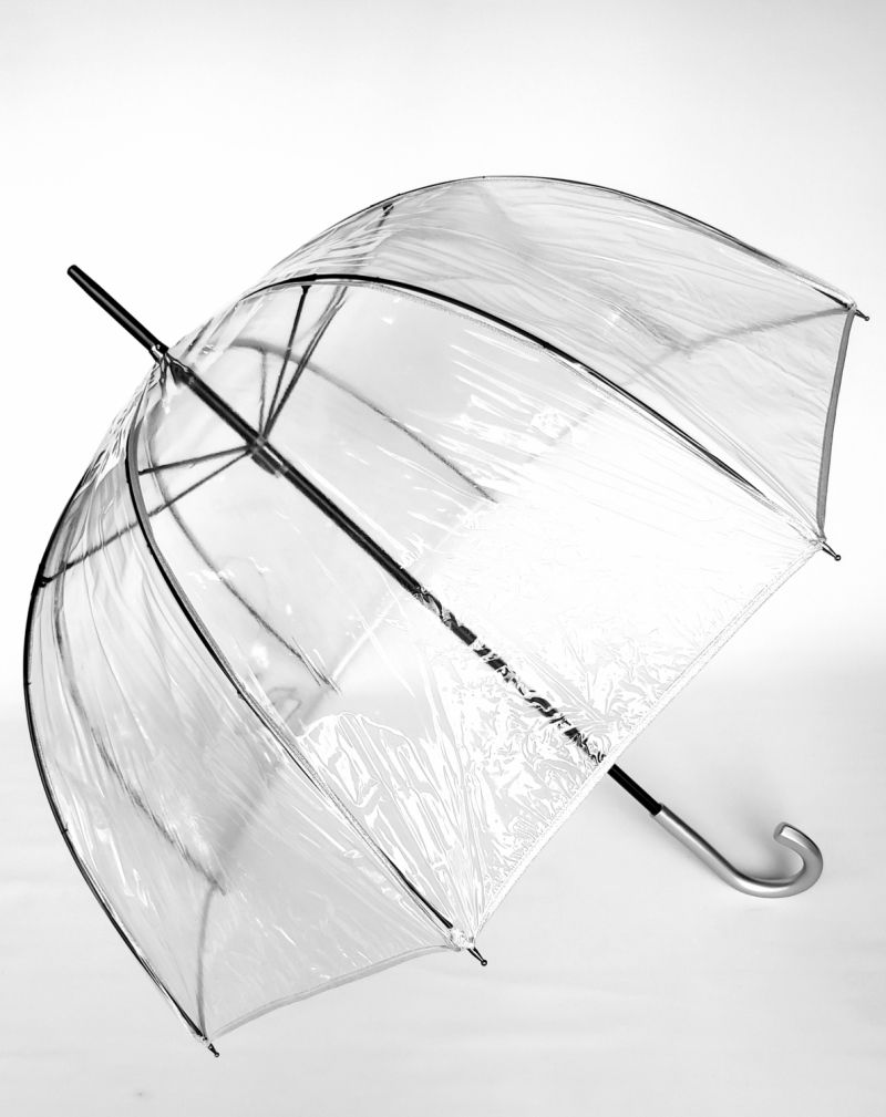 Parapluie cloche transparent borde argent irisé Guy de Jean, léger et solide 