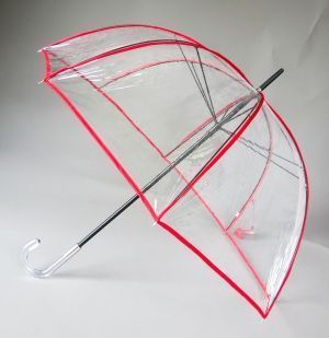 Parapluie cloche transparent bordé rouge seventies de Guy de Jean, léger et résitant