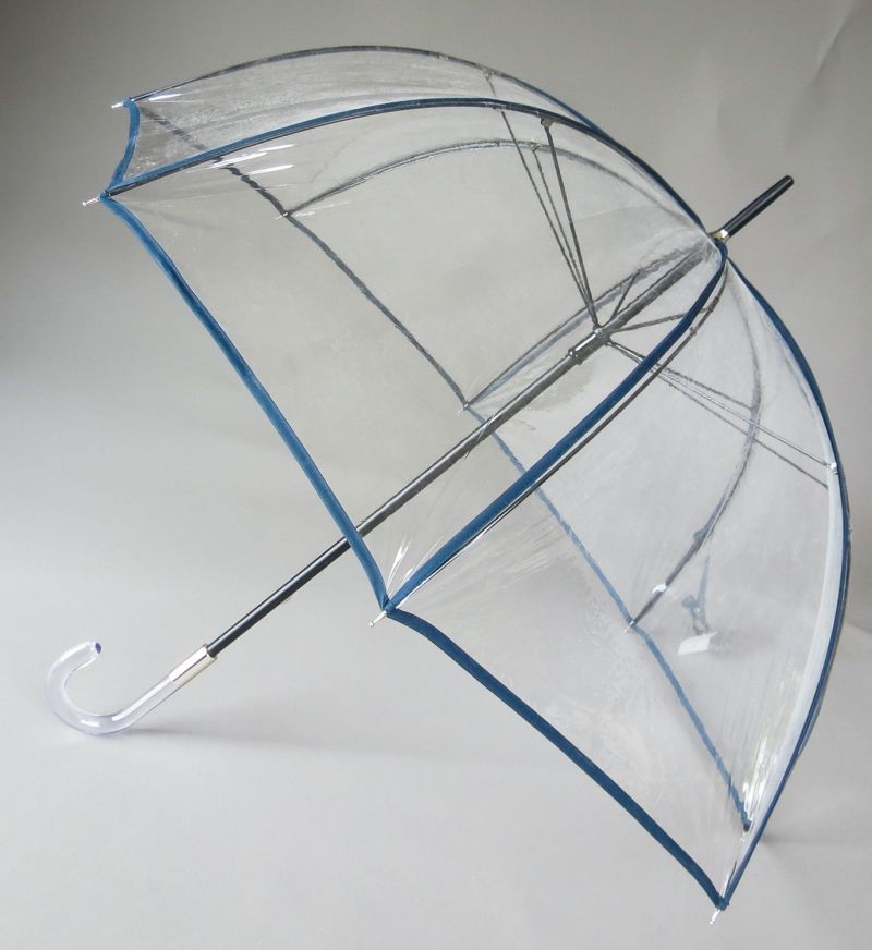 Parapluie cloche transparent borde bleu marine seventies par Guy de Jean, grand et solide