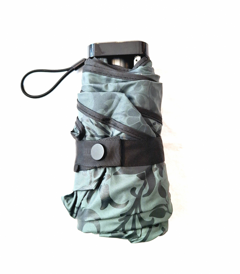 Mini parapluie pliant plat manuel vert imprimé arabesque + Etui argenté étanche /Ezpeleta - Léger & solide