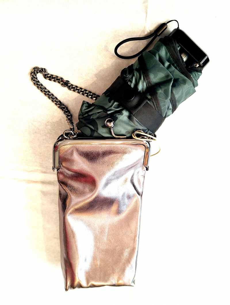 Mini parapluie pliant plat manuel vert imprimé arabesque + Etui argenté étanche /Ezpeleta - Léger & solide