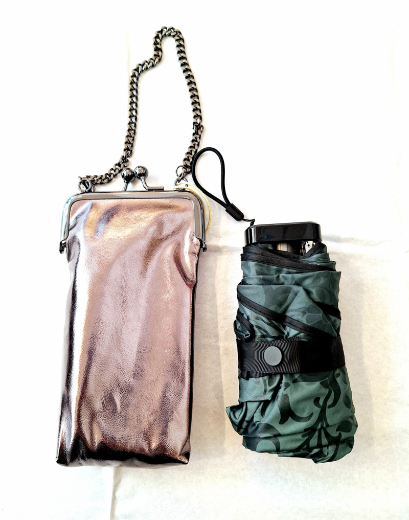 Mini parapluie pliant plat manuel vert imprimé arabesque + Etui argenté étanche /Ezpeleta - Léger & solide