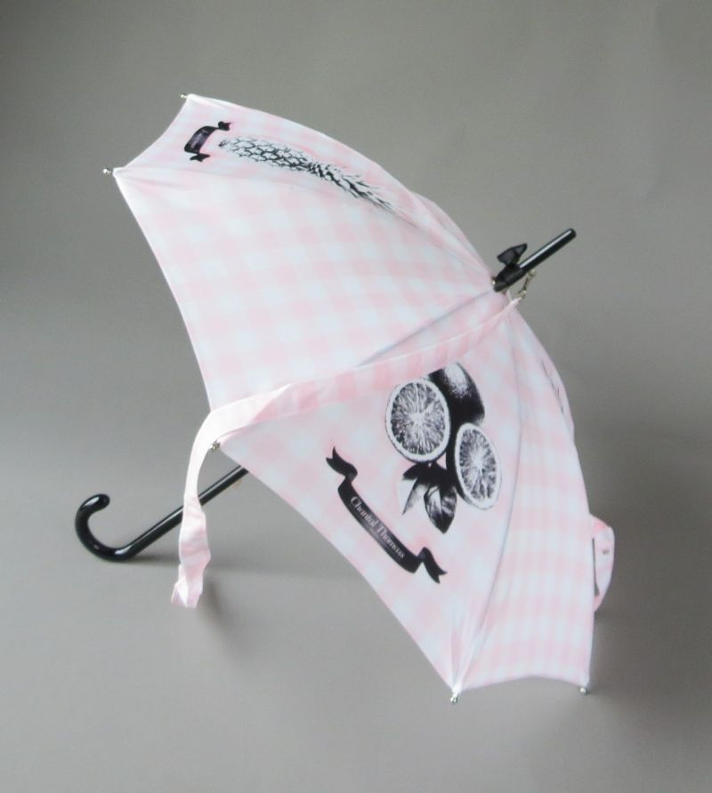 EXCLUSIVITE Parapluie Chantal Thomass anti uv bandoulière rose vichy avec un motif sur le fruit, léger et solide