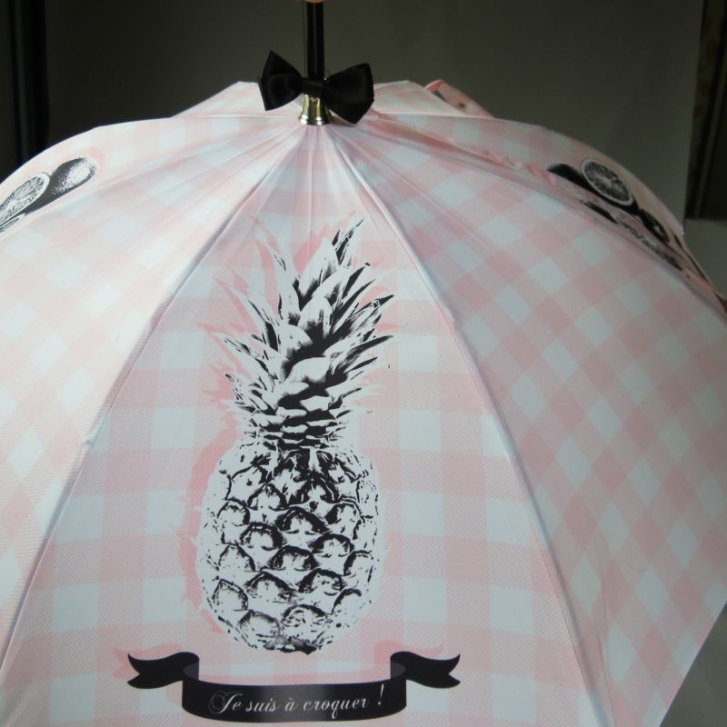 EXCLUSIVITE Parapluie Chantal Thomass anti uv bandoulière rose vichy avec un motif sur le fruit, léger et solide