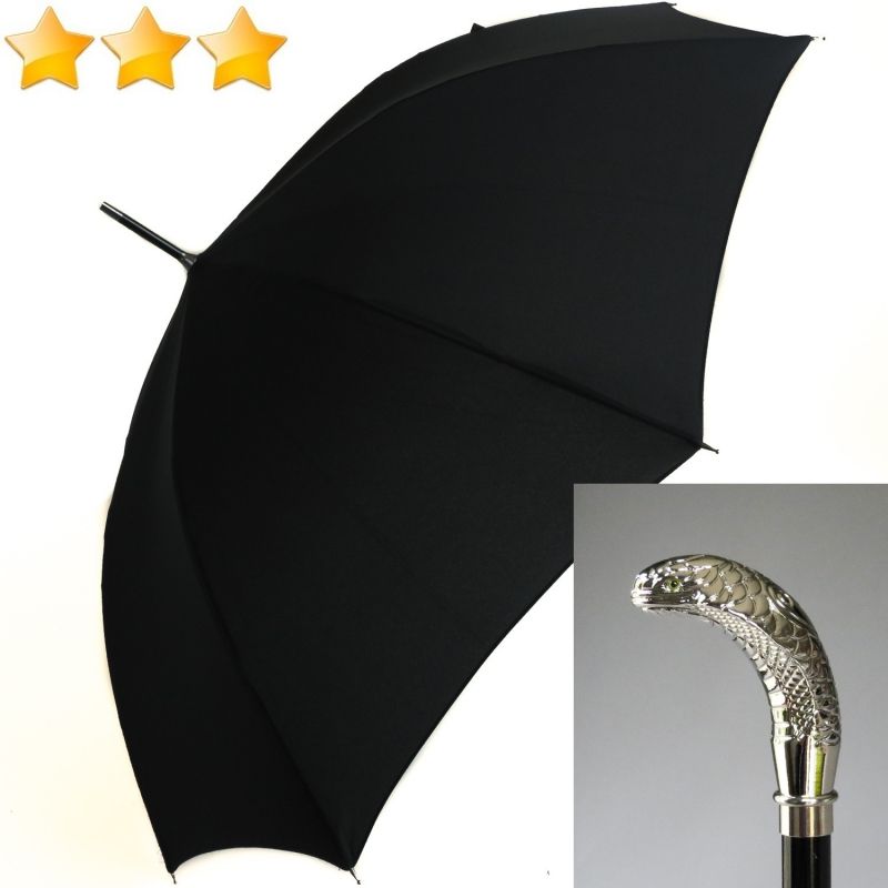 Parapluie de luxe à tête long automatique noir poignée métal chromé le cobra, Guy de Jean, grand et résistant