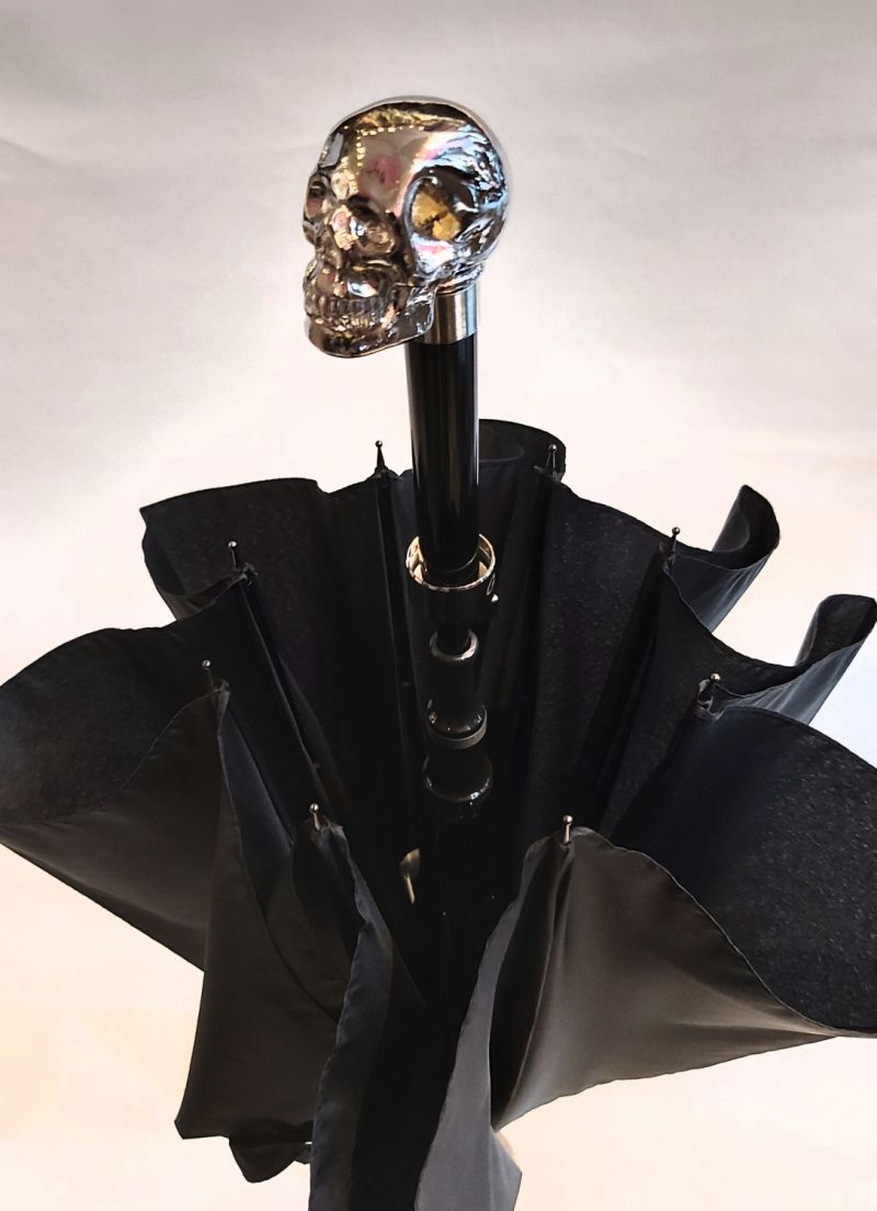 Parapluie haut de gamme tête de mort long automatique noir poignée métal, solide & élégant