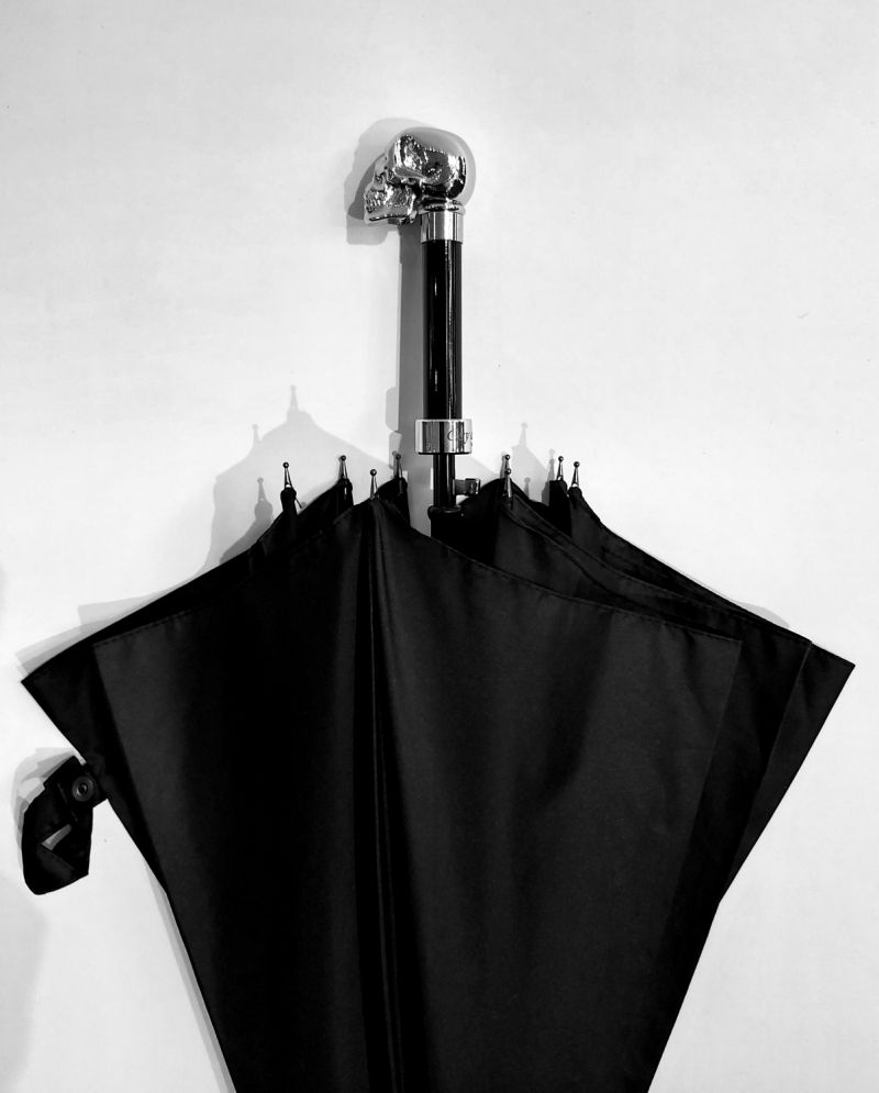Parapluie haut de gamme tête de mort long automatique noir poignée métal, solide & élégant