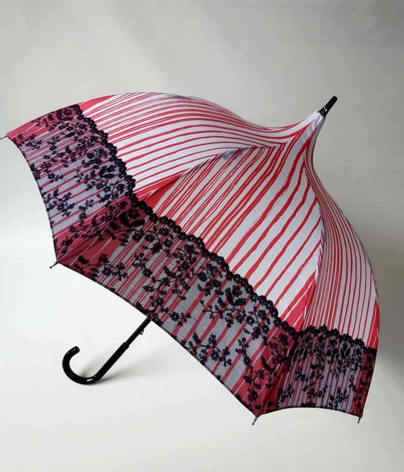 Parapluie Chantal Thomass pagode anti uv 50 rose imprimé dentelle noir français, léger et confortable