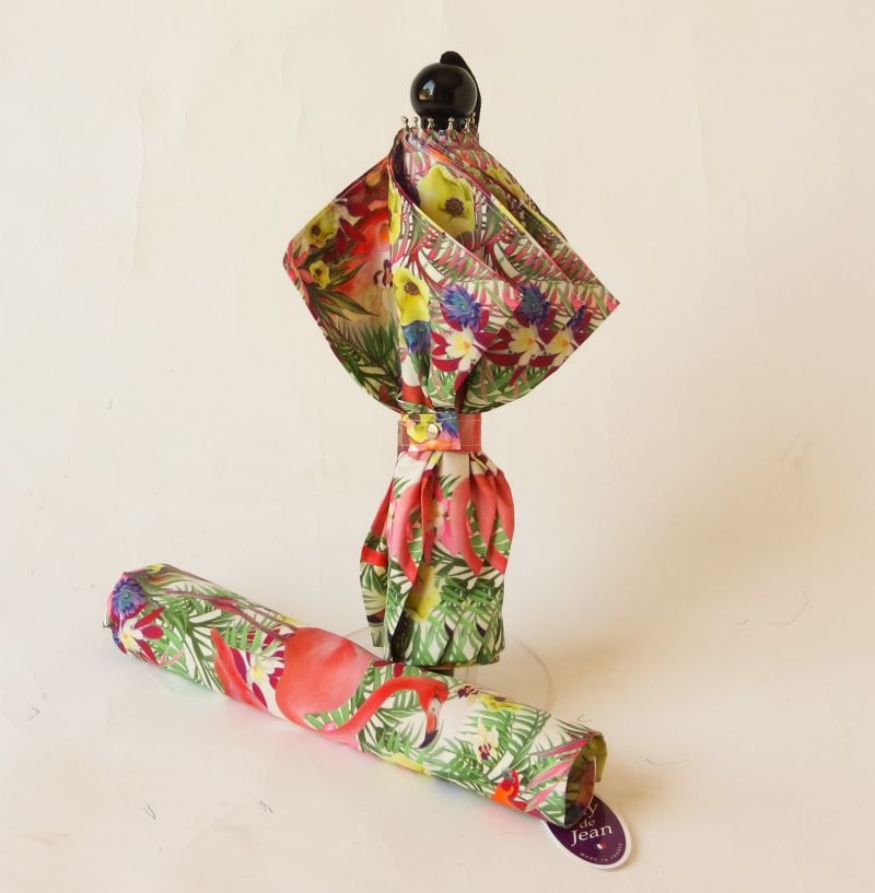 Parapluie pliant automatique avec un motif sur le flamant rose BAHIA Guy de Jean, robuste et anti vent