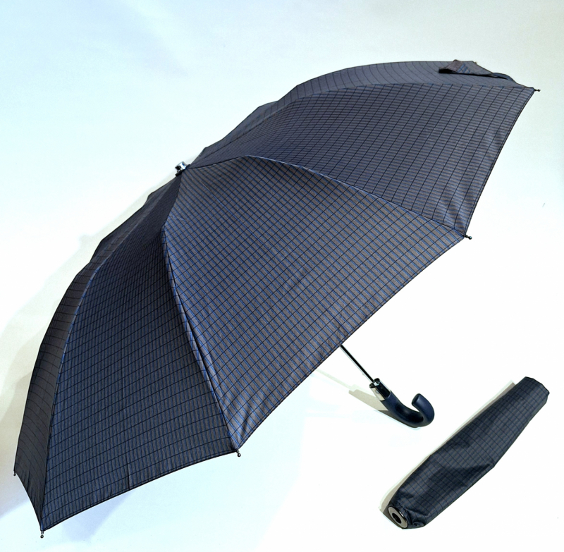 EXCLUSIVITE parapluie pliant homme marron imprimé bleu automatique poignée courbe noire Ezpeleta - grand & résistant