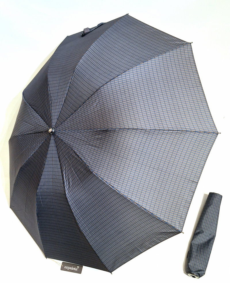 EXCLUSIVITE parapluie pliant homme marron imprimé bleu automatique poignée courbe noire Ezpeleta - grand & résistant