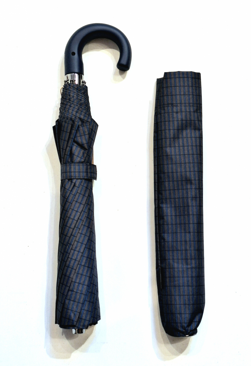 EXCLUSIVITE parapluie pliant homme marron imprimé bleu automatique poignée courbe noire Ezpeleta - grand & résistant