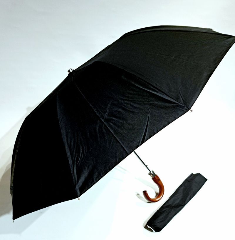 Parapluie pliant homme uni noir automatique 10 branches poignée crochet  bois Ezpeleta