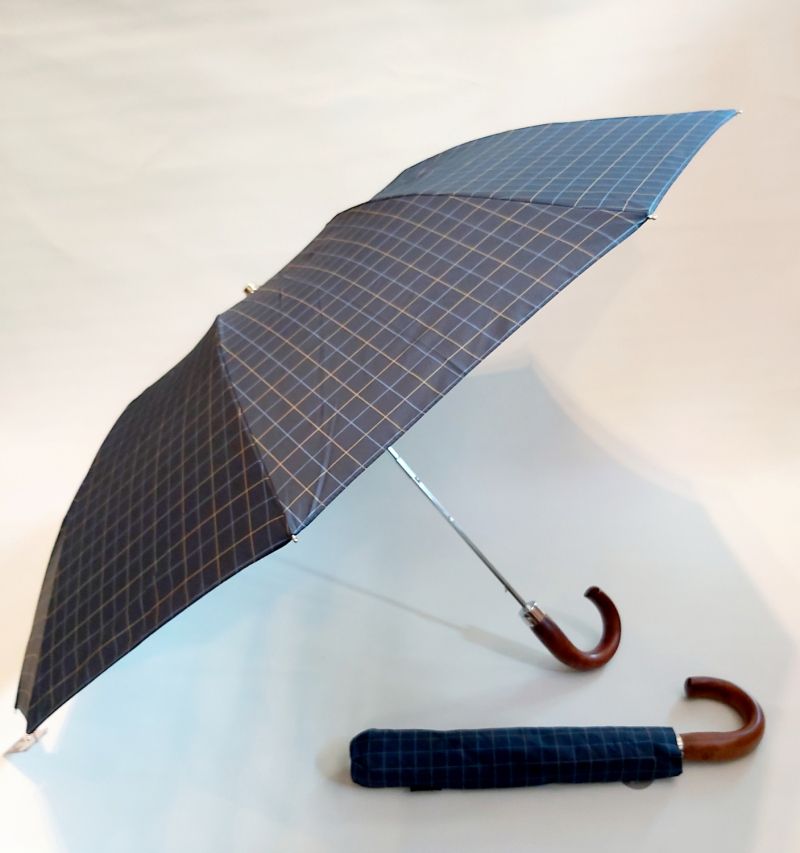 EXCLUSIVITE parapluie pliant automatique bleu écossais poignée crochet bois Ezpeleta, grande taille 104 cm & anti vent