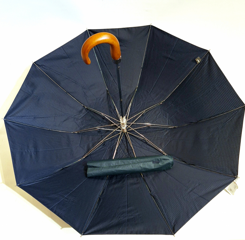 Parapluie pliant automatique bleu Marine & vert poignée courbe bois 10 branches Ezpeleta - grande104 cm & robuste