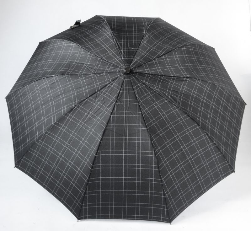 EXCLUSIVITE parapluie d'homme pliant noir automatique écossais gris poignée crochet bois Ezpeleta, résistant et de grande taille