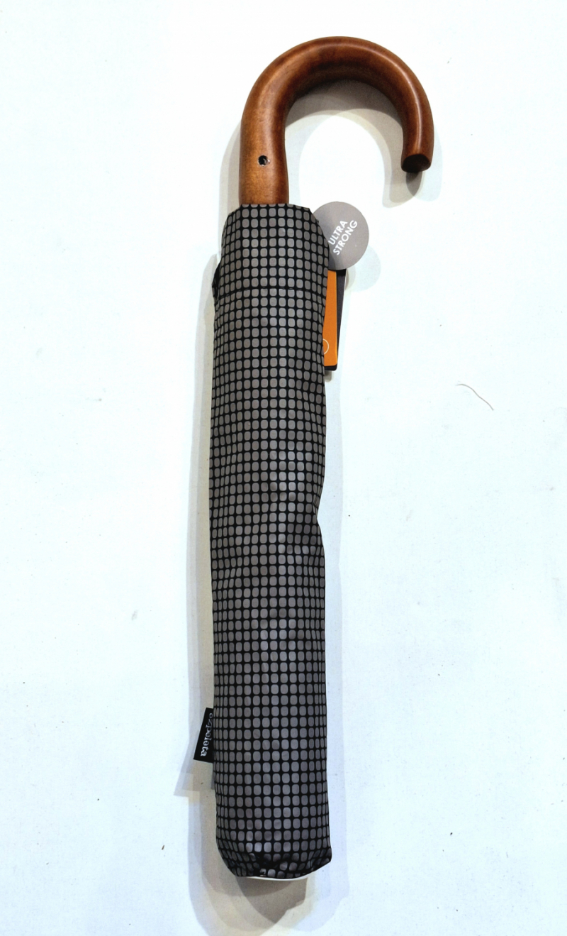 Parapluie pliant homme Noir/Taupe automatique carreaux poignée courbe bois 10 branches Ezpeleta - Grand 104 cm & résistant