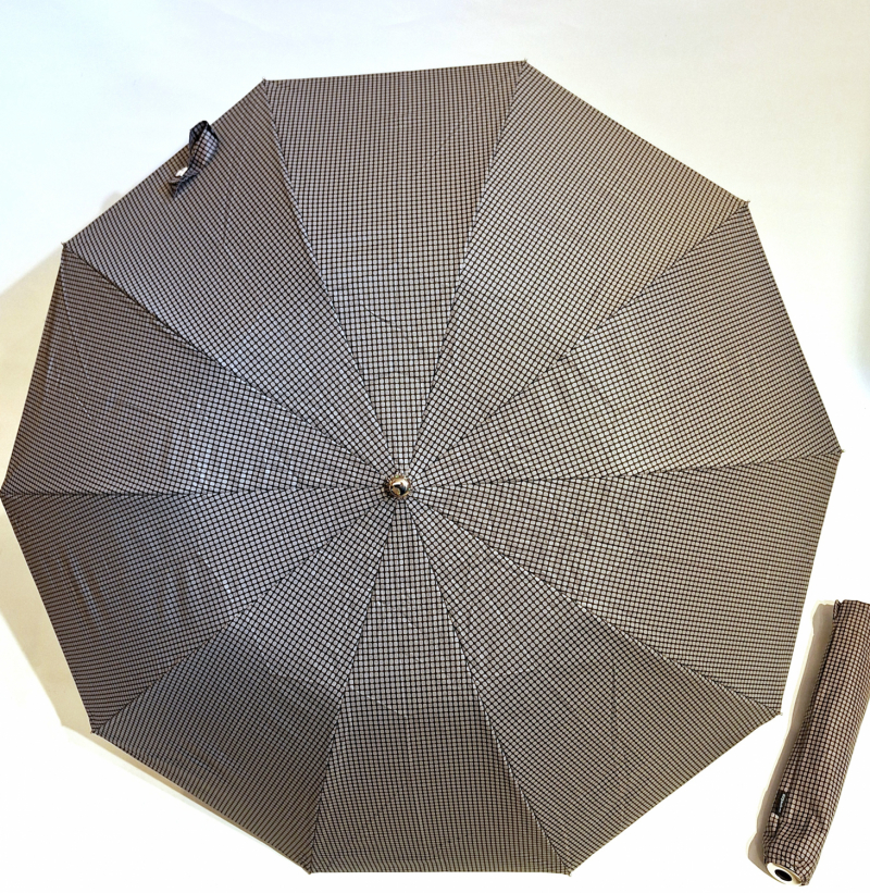 Parapluie pliant homme Noir/Taupe automatique carreaux poignée courbe bois 10 branches Ezpeleta - Grand 104 cm & résistant